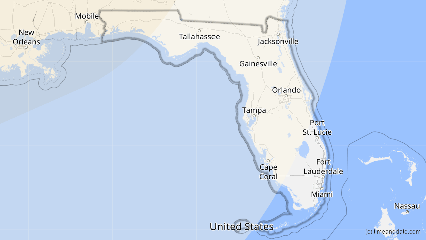 A map of Florida, USA, showing the path of the 24. Nov 2068 Partielle Sonnenfinsternis