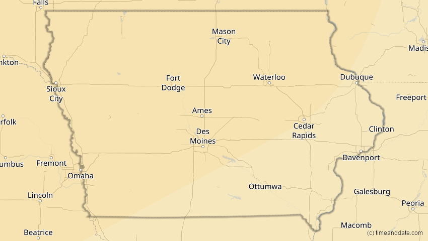 A map of Iowa, USA, showing the path of the 24. Nov 2068 Partielle Sonnenfinsternis