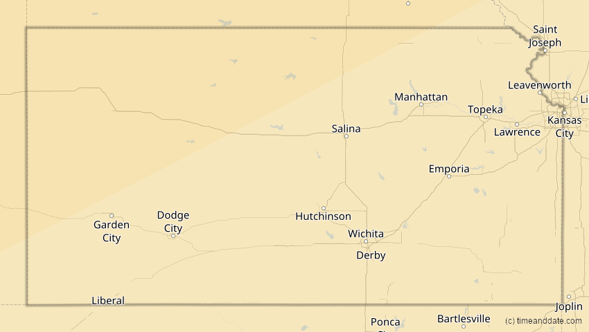 A map of Kansas, USA, showing the path of the 24. Nov 2068 Partielle Sonnenfinsternis