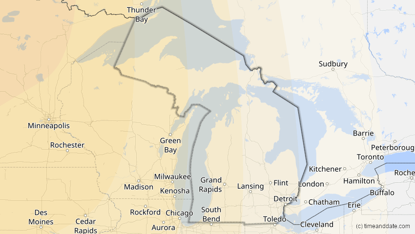 A map of Michigan, USA, showing the path of the 24. Nov 2068 Partielle Sonnenfinsternis