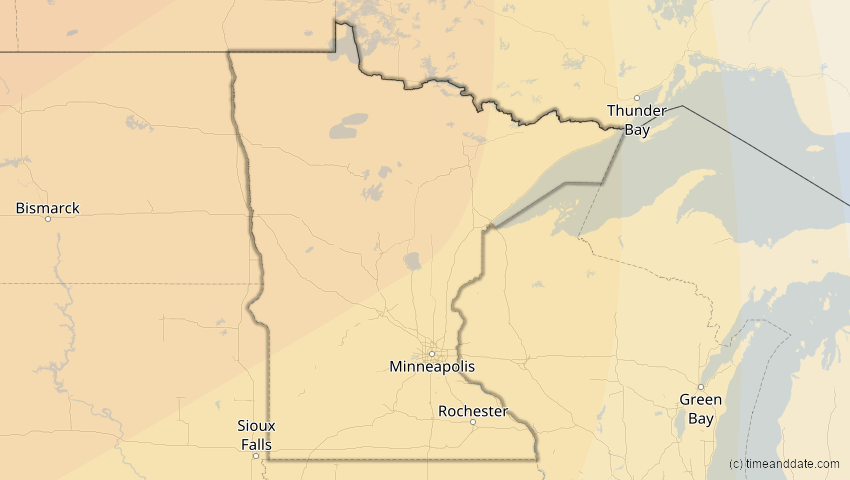 A map of Minnesota, USA, showing the path of the 24. Nov 2068 Partielle Sonnenfinsternis