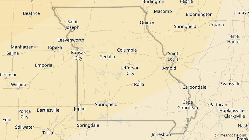 A map of Missouri, USA, showing the path of the 24. Nov 2068 Partielle Sonnenfinsternis