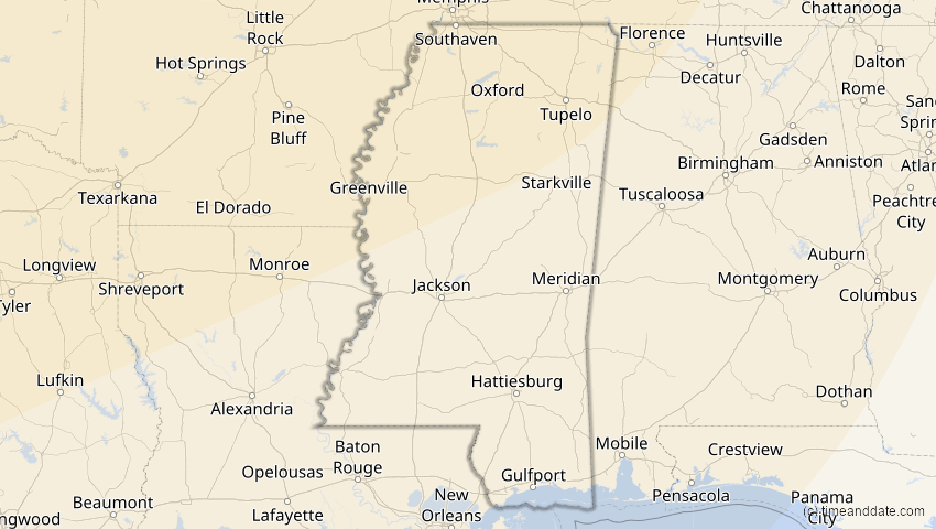 A map of Mississippi, USA, showing the path of the 24. Nov 2068 Partielle Sonnenfinsternis