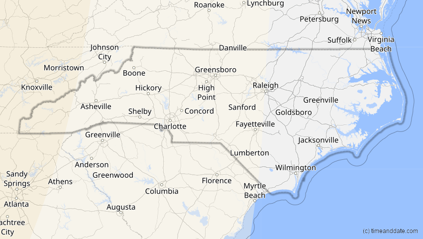 A map of North Carolina, USA, showing the path of the 24. Nov 2068 Partielle Sonnenfinsternis