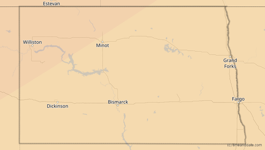 A map of North Dakota, USA, showing the path of the 24. Nov 2068 Partielle Sonnenfinsternis