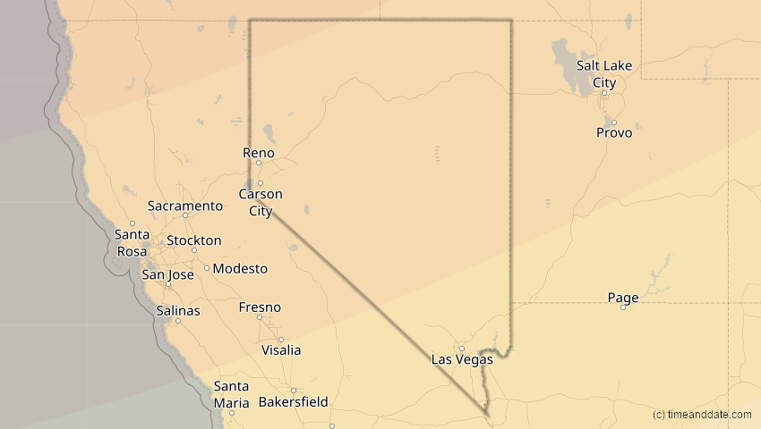 A map of Nevada, USA, showing the path of the 24. Nov 2068 Partielle Sonnenfinsternis