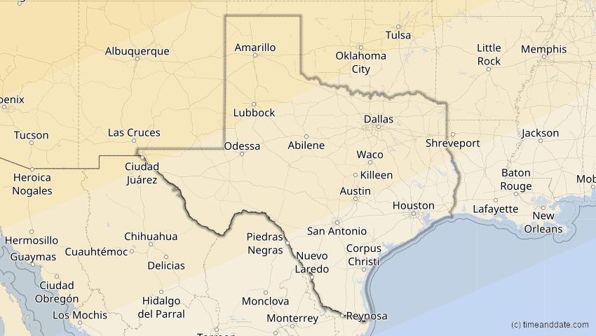 A map of Texas, USA, showing the path of the 24. Nov 2068 Partielle Sonnenfinsternis