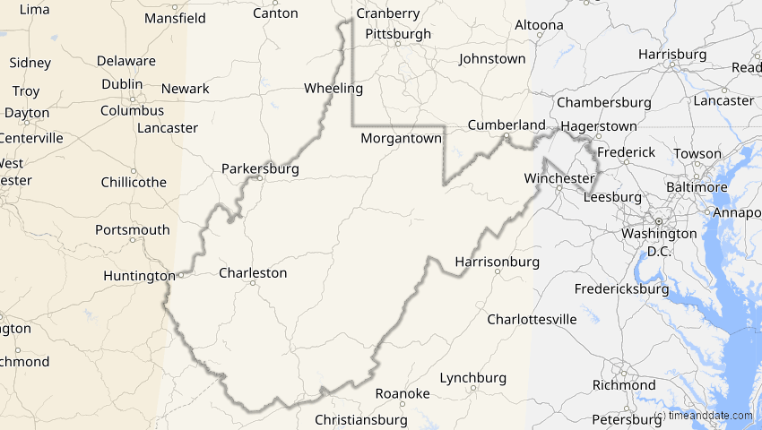 A map of West Virginia, USA, showing the path of the 24. Nov 2068 Partielle Sonnenfinsternis