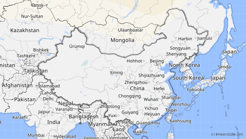 A map of China, showing the path of the 21. Apr 2069 Partielle Sonnenfinsternis