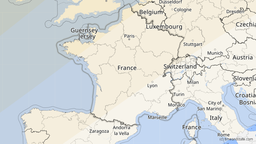A map of Frankreich, showing the path of the 21. Apr 2069 Partielle Sonnenfinsternis