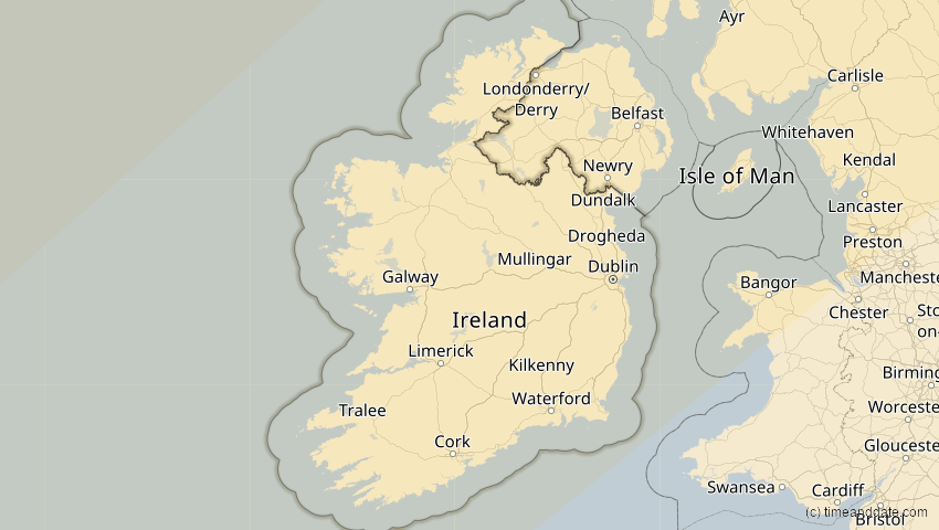 A map of Irland, showing the path of the 21. Apr 2069 Partielle Sonnenfinsternis