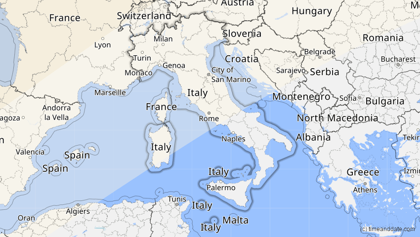 A map of Italien, showing the path of the 21. Apr 2069 Partielle Sonnenfinsternis