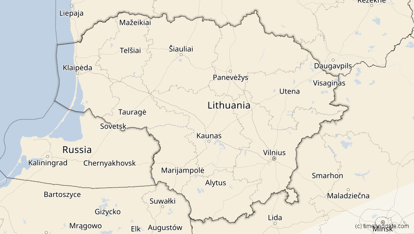 A map of Litauen, showing the path of the 21. Apr 2069 Partielle Sonnenfinsternis