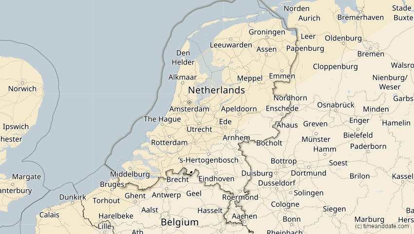 A map of Niederlande, showing the path of the 21. Apr 2069 Partielle Sonnenfinsternis
