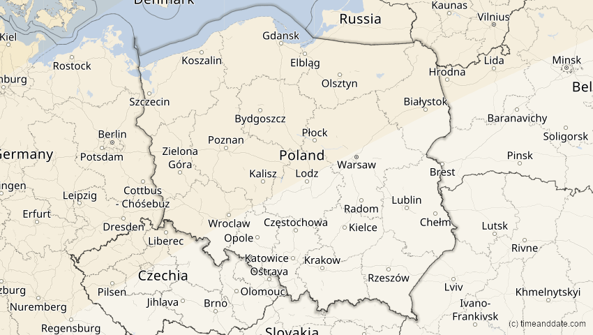 A map of Polen, showing the path of the 21. Apr 2069 Partielle Sonnenfinsternis