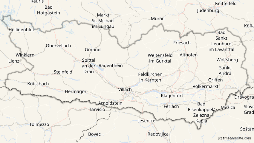 A map of Kärnten, Österreich, showing the path of the 21. Apr 2069 Partielle Sonnenfinsternis