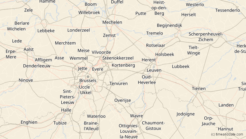 A map of Flämisch-Brabant, Belgien, showing the path of the 21. Apr 2069 Partielle Sonnenfinsternis