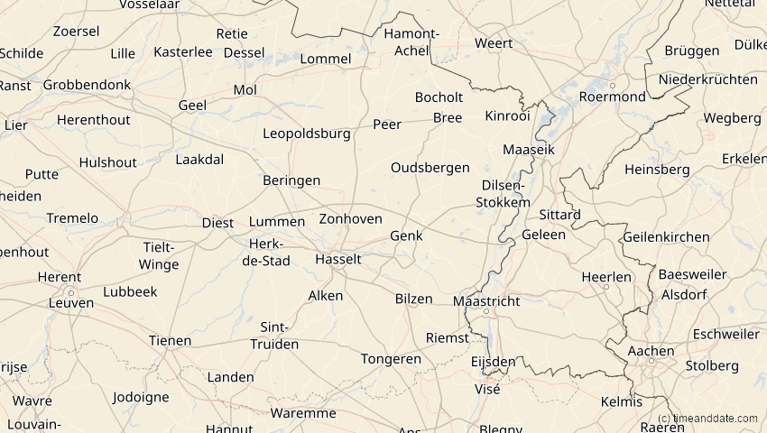 A map of Limburg, Belgien, showing the path of the 21. Apr 2069 Partielle Sonnenfinsternis