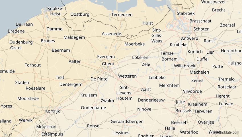 A map of Ostflandern, Belgien, showing the path of the 21. Apr 2069 Partielle Sonnenfinsternis