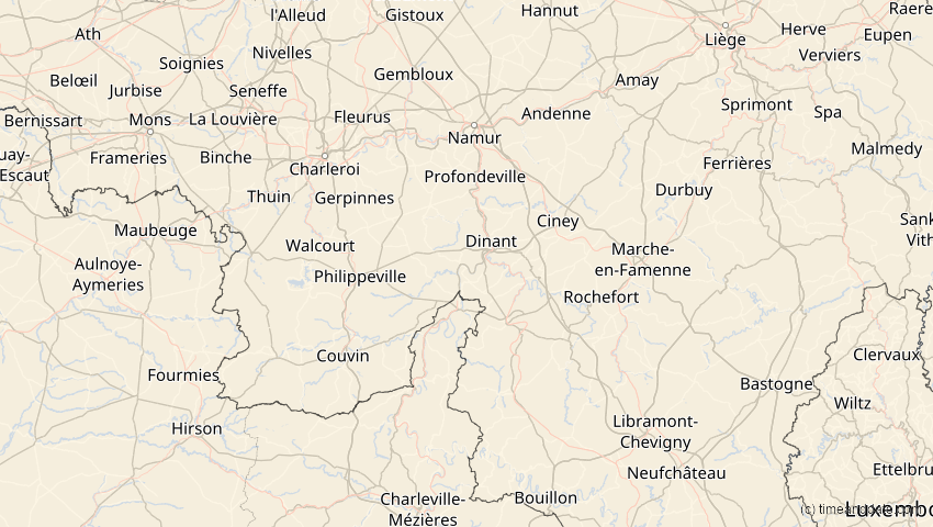 A map of Namur, Belgien, showing the path of the 21. Apr 2069 Partielle Sonnenfinsternis