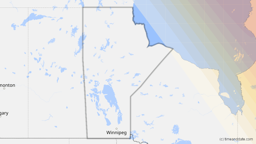 A map of Manitoba, Kanada, showing the path of the 21. Apr 2069 Partielle Sonnenfinsternis
