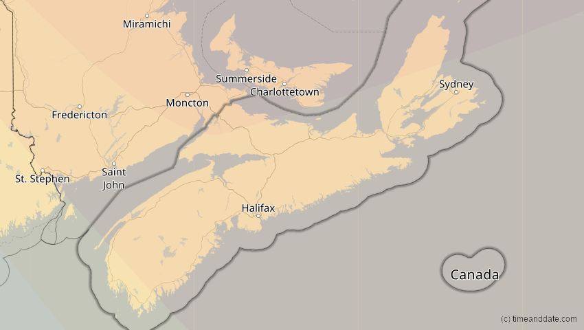 A map of Nova Scotia, Kanada, showing the path of the 21. Apr 2069 Partielle Sonnenfinsternis