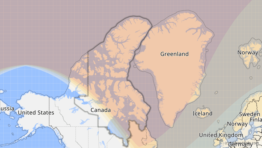 A map of Nunavut, Kanada, showing the path of the 21. Apr 2069 Partielle Sonnenfinsternis