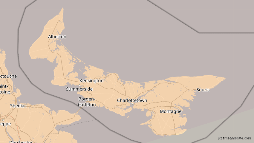 A map of Prince Edward Island, Kanada, showing the path of the 21. Apr 2069 Partielle Sonnenfinsternis