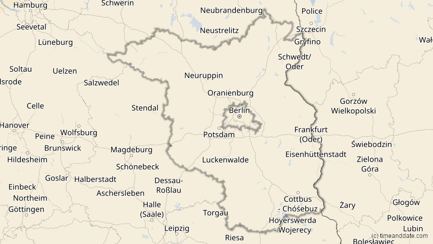 A map of Brandenburg, Deutschland, showing the path of the 21. Apr 2069 Partielle Sonnenfinsternis
