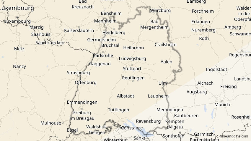 A map of Baden-Württemberg, Deutschland, showing the path of the 21. Apr 2069 Partielle Sonnenfinsternis