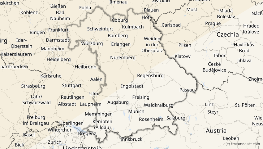 A map of Bayern, Deutschland, showing the path of the 21. Apr 2069 Partielle Sonnenfinsternis
