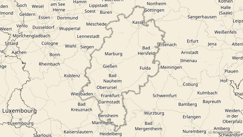 A map of Hessen, Deutschland, showing the path of the 21. Apr 2069 Partielle Sonnenfinsternis