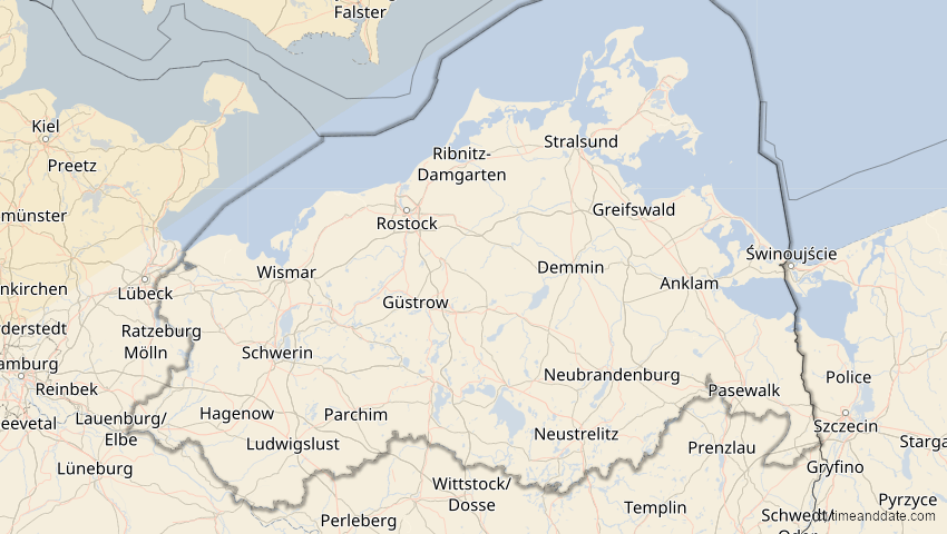 A map of Mecklenburg-Vorpommern, Deutschland, showing the path of the 21. Apr 2069 Partielle Sonnenfinsternis