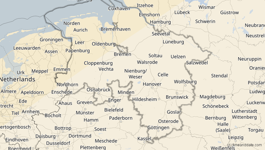A map of Niedersachsen, Deutschland, showing the path of the 21. Apr 2069 Partielle Sonnenfinsternis