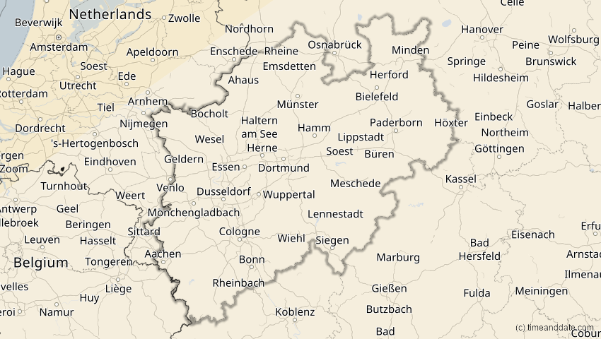 A map of Nordrhein-Westfalen, Deutschland, showing the path of the 21. Apr 2069 Partielle Sonnenfinsternis