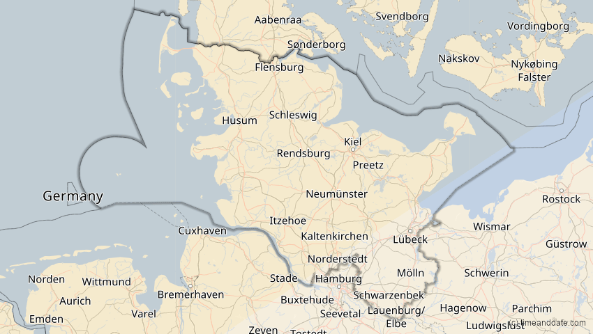 A map of Schleswig-Holstein, Deutschland, showing the path of the 21. Apr 2069 Partielle Sonnenfinsternis