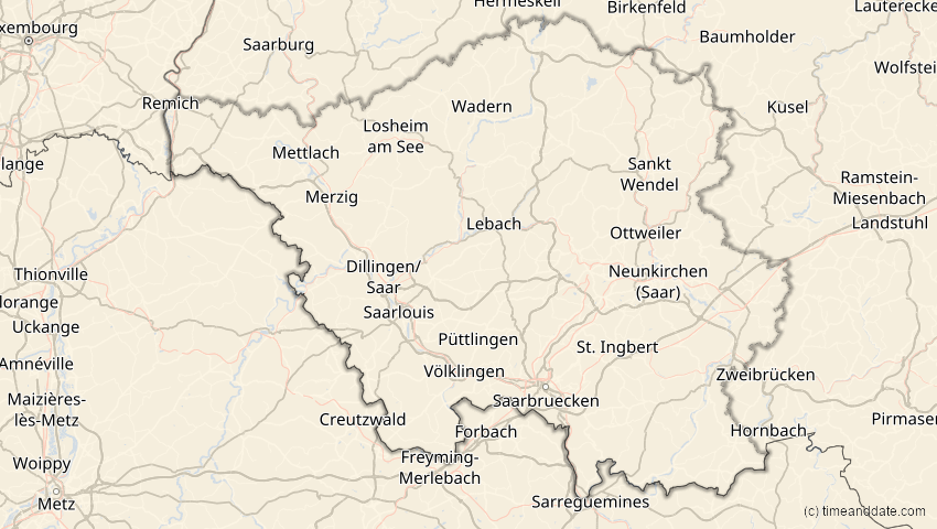 A map of Saarland, Deutschland, showing the path of the 21. Apr 2069 Partielle Sonnenfinsternis