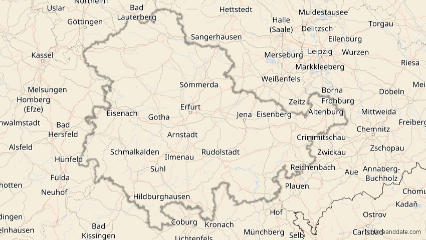A map of Thüringen, Deutschland, showing the path of the 21. Apr 2069 Partielle Sonnenfinsternis