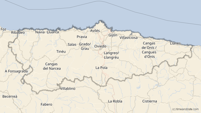 A map of Asturien, Spanien, showing the path of the 21. Apr 2069 Partielle Sonnenfinsternis