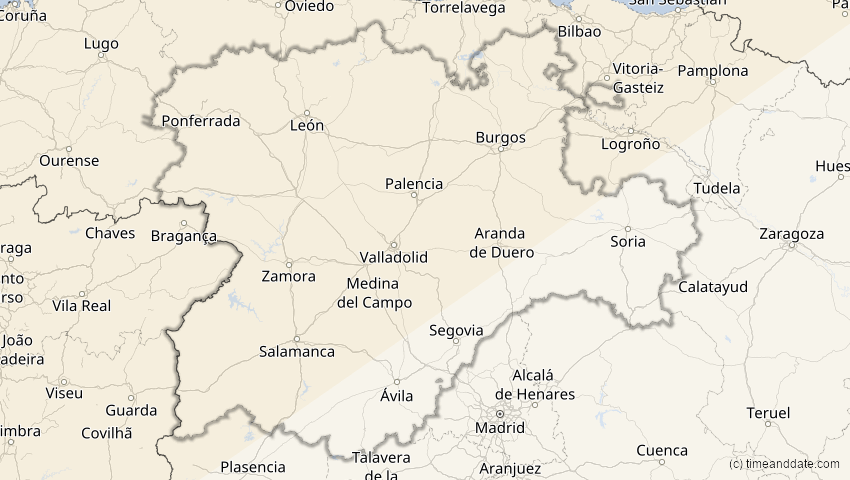 A map of Kastilien und León, Spanien, showing the path of the 21. Apr 2069 Partielle Sonnenfinsternis