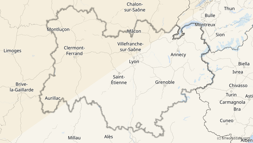 A map of Auvergne-Rhône-Alpes, Frankreich, showing the path of the 21. Apr 2069 Partielle Sonnenfinsternis