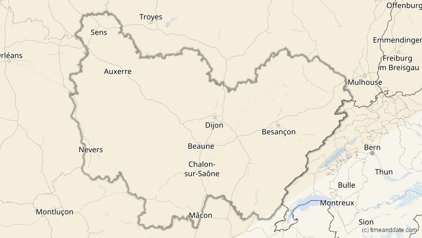A map of Bourgogne-Franche-Comté, Frankreich, showing the path of the 21. Apr 2069 Partielle Sonnenfinsternis