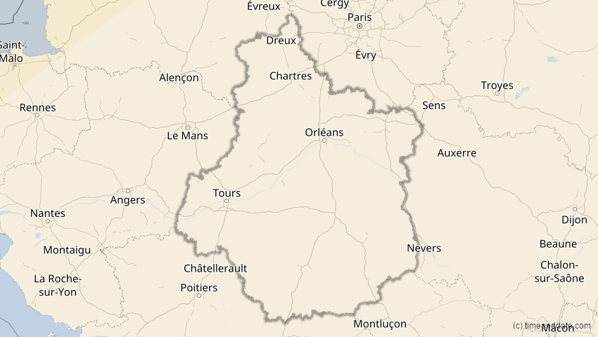 A map of Centre-Val de Loire, Frankreich, showing the path of the 21. Apr 2069 Partielle Sonnenfinsternis