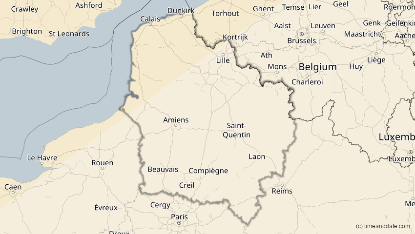 A map of Hauts-de-France, Frankreich, showing the path of the 21. Apr 2069 Partielle Sonnenfinsternis