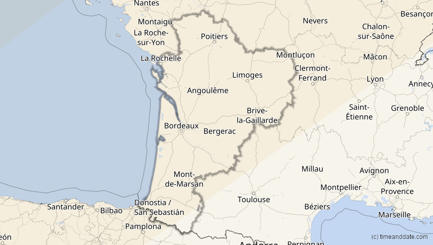 A map of Nouvelle-Aquitaine, Frankreich, showing the path of the 21. Apr 2069 Partielle Sonnenfinsternis