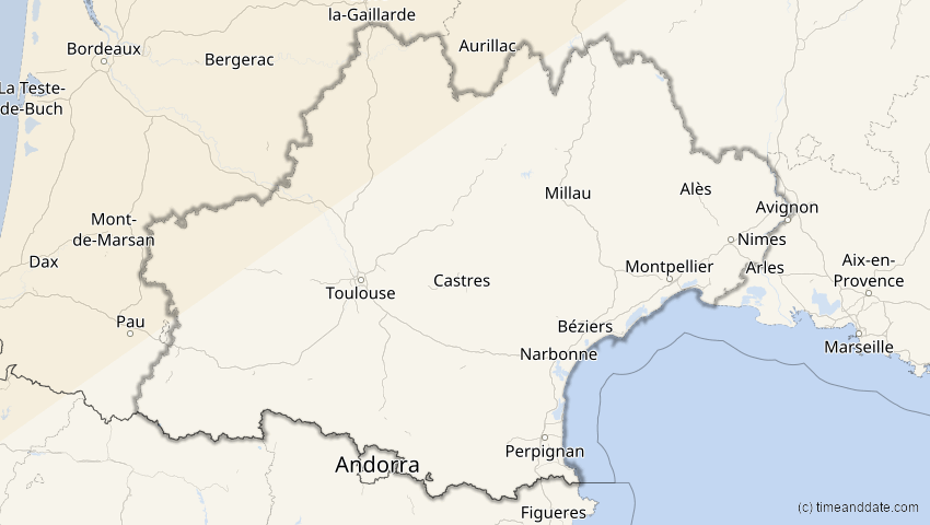 A map of Okzitanien, Frankreich, showing the path of the 21. Apr 2069 Partielle Sonnenfinsternis