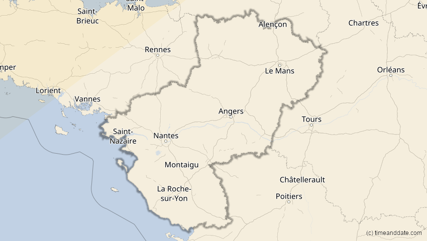 A map of Pays de la Loire, Frankreich, showing the path of the 21. Apr 2069 Partielle Sonnenfinsternis