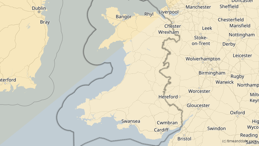 A map of Wales, Großbritannien, showing the path of the 21. Apr 2069 Partielle Sonnenfinsternis