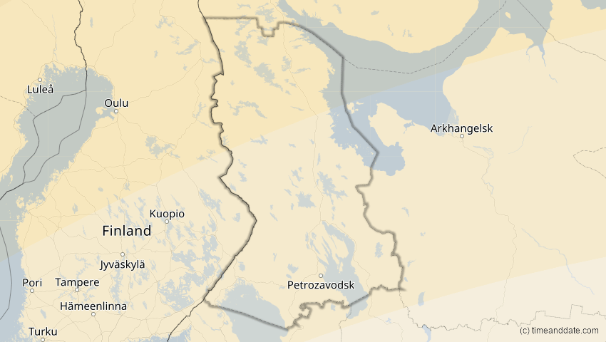 A map of Karelien, Russland, showing the path of the 21. Apr 2069 Partielle Sonnenfinsternis