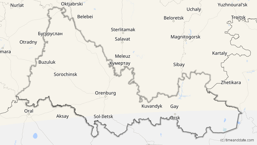 A map of Orenburg, Russland, showing the path of the 21. Apr 2069 Partielle Sonnenfinsternis